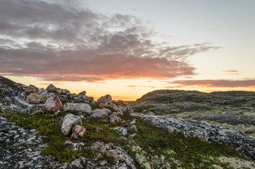 Sunset on the tundra in the summer.