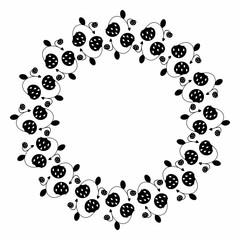 Round frame with black silhouettes of strawberries. Simple spring decoration of the plant elements in a flat style. Berries.