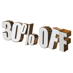 30 percent off letters on white background. 3d render isolated.