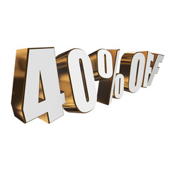 40 percent off letters on white background. 3d render isolated.