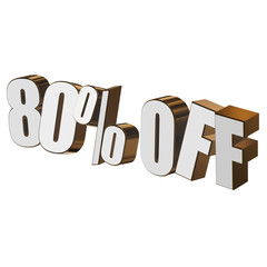 80 percent off letters on white background. 3d render isolated.