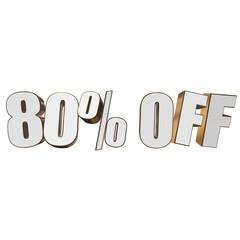 80 percent off letters on white background. 3d render isolated.