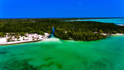 Fototapeta premium Остров Занзибар с высоты птичьего полета, мангровые заросли на берегу место Мичамви. Съемка с дрона.