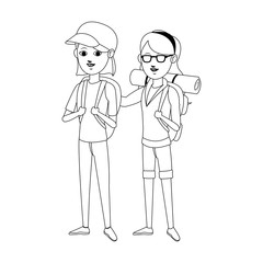 girls with backpacks over white background. people traveling concept. vector illustration