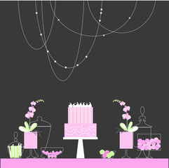 Candy Buffet with wedding cake  and orchids.  Vector illustration.