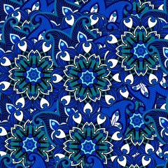 seamless blue background in Indian style with swirls and floral ornament