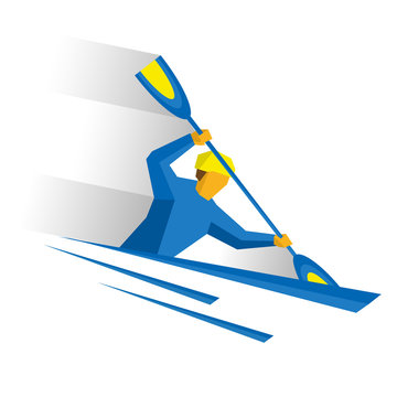 Canoe slalom. Athlete isolated on white background with shadows. International sport games infographic. Rower with paddle in boat - flat style vector clip art.