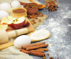 Fototapeta na wymiar Ingredients for homemade pastries. Rustic style.