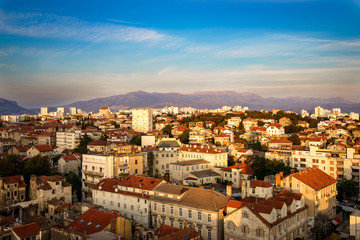 View over the red roofs of houses, Split, Croatia, Dalmatia with Mosor mountain in background