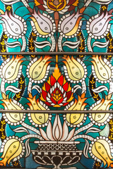 Stained glass at the `Novoslobodskaya` Metro station.  Moscow. Russia 