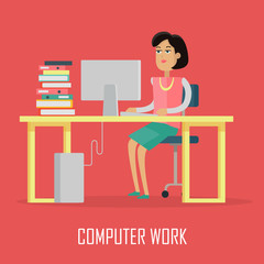 Computer Work Concept Illustration In Flat Design.