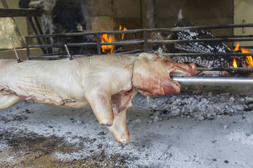 Roasting suckling pig on the broach in the coals