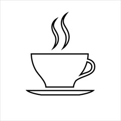 Cup of coffee or tea line icon. Hot beverage mug on saucer and smoke. Vector Illustration 