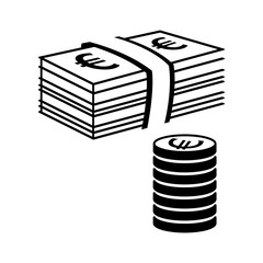Money icon. Stack of coins and pile of bills with Euro signs. Vector Illustration