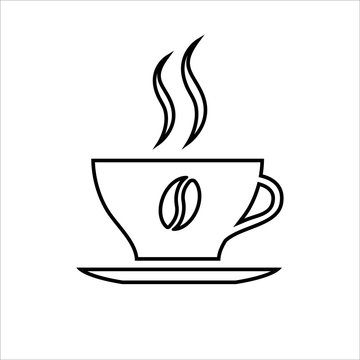 Cup of coffee line icon. Hot beverage mug with coffee bean picture, saucer and smoke. Vector Illustration 