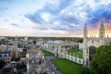 Panorama of Cambridge and Kings Collage with beautiful sunset sky, UK