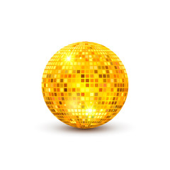 Disco ball isolated illustration. Night Club party light element. Bright mirror golden ball design for disco dance club