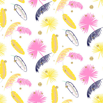 Yellow And Pink Palm Leaves Seamless Vector Pattern On White Background. Tropical Banana Jungle Leaf.