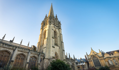 Tower of University Church of St Mary the Virgin in central oxford, England.
