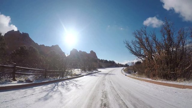 POV point of view - Driving through Garden of the Gods on late morning in the Winter