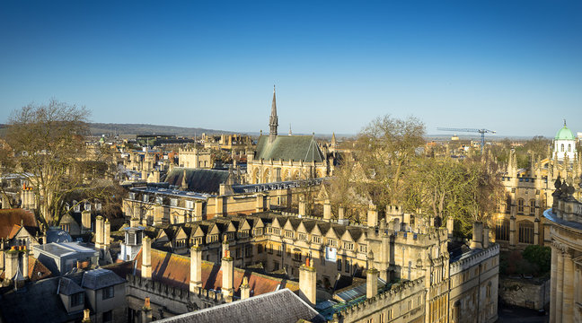 Cityscape of Oxford, a city in South East England, county town of Oxfordshire. Panoramic view of Oxford city.