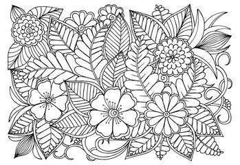 Doodle floral drawing. Art therapy coloring page. 