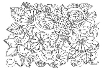 Doodle floral pattern in black and white. Page for coloring book