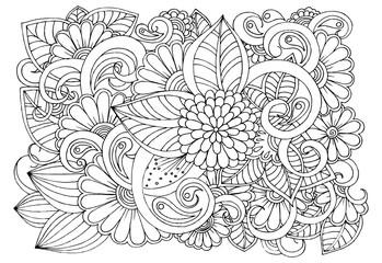 Doodle floral pattern in black and white. Page for coloring book