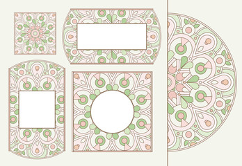 Set of tender greeting cards or invitations with doodle floral circle ornament for wedding, mother day, Valentines day
