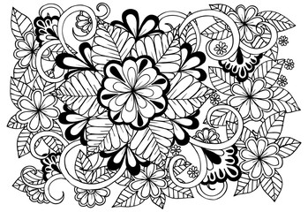 Doodle floral pattern in black and white. Page for coloring book