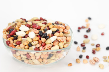 Mix of beans and lentil in glass bowl. Healthy food concept.