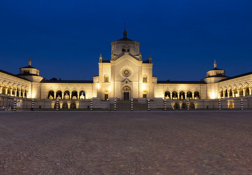 Monumental Cemetery (Cimitero Monumentale) by night. The largest cemetery in Milan, Italy
