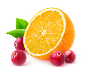 Isolated orange and cranberries. Half of orange fruit and cranberries isolated on white background with clipping path