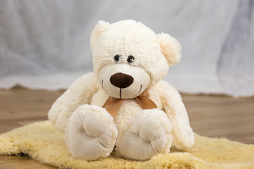 smiling teddy bear toy sitting on the ground