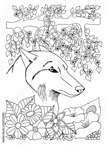 Vector Illustration Portrait Of The Wolf Among Flowers And Tree Branches Work Done