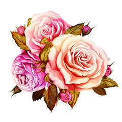 Bouquet of roses. Design element. Hand drawn. Vintage style, watercolor. Can be used in design purpose. Vector stock.