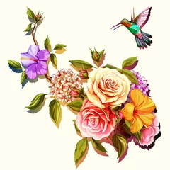 Gardinen Flowers. Bouquet of roses and peony with humming bird. Vintage picture, can be used as invitation, greeting card, print on clothes, etc. Hand drawn flowers. Vector - stock. © iMacron