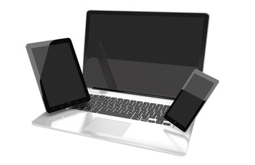 Laptop mobile phone and tablet connected to each other 3D render