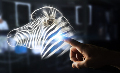 Person touching fractal endangered zebra illustration 3D renderi