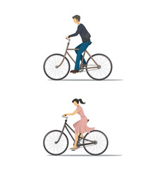The icon of cyclist. The woman is riding the bike. The man is riding the bike.  People is biking. Person rides bike. The elements of transport infrastructure. The concept of active life.



