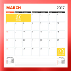 Calendar Template for March 2017. Week Starts Sunday. Design Print Template. Vector Illustration Isolated on Color Background
