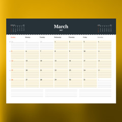Calendar Template for March 2017. Week Starts Sunday. Design Print Template. Vector Illustration Isolated on Color Background