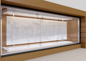 Blank mock up of store street showcase window in a city. 3D rend
