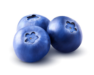 Three blueberries. Berry isolated on white background. With clipping path. Close up. Macro.