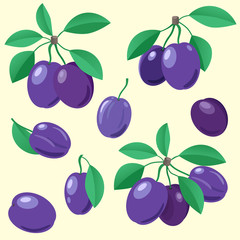 Set of colored icons with purple plums.