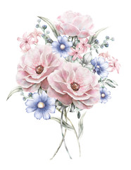 Obraz na płótnie Canvas watercolor flowers. floral illustration in Pastel colors rose. bunch of pink, blue flowers isolated on white background. herbs, Leaf. Cute composition for wedding or greeting card. romantic bouquet