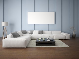 Mock up in the spacious living room with a large comfortable corner sofa on a blue background.