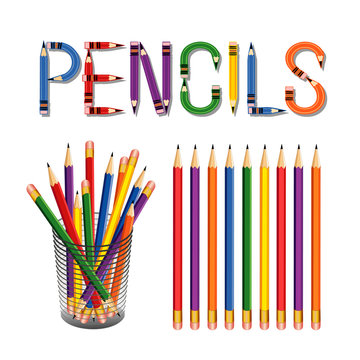 Pencils with erasers in a desk organizer for home, office, back to school projects with pencil ding bats title text. EPS8 compatible.