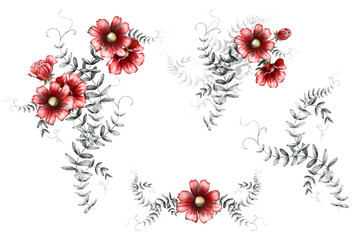 aquarel rode bloemen. bloemenillustratie in pastelkleuren. bos bloemen geïsoleerd op een witte achtergrond. kruiden, blad. Leuke compositie, romantisch boeket. Vintage set