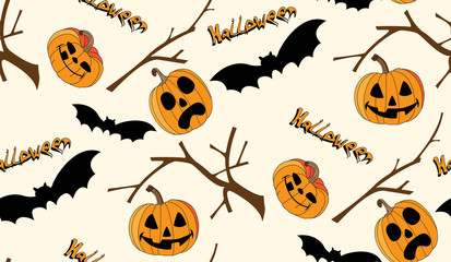 Seamless pattern with a pumpkins, bats and branches . Halloween Party design template. Vector